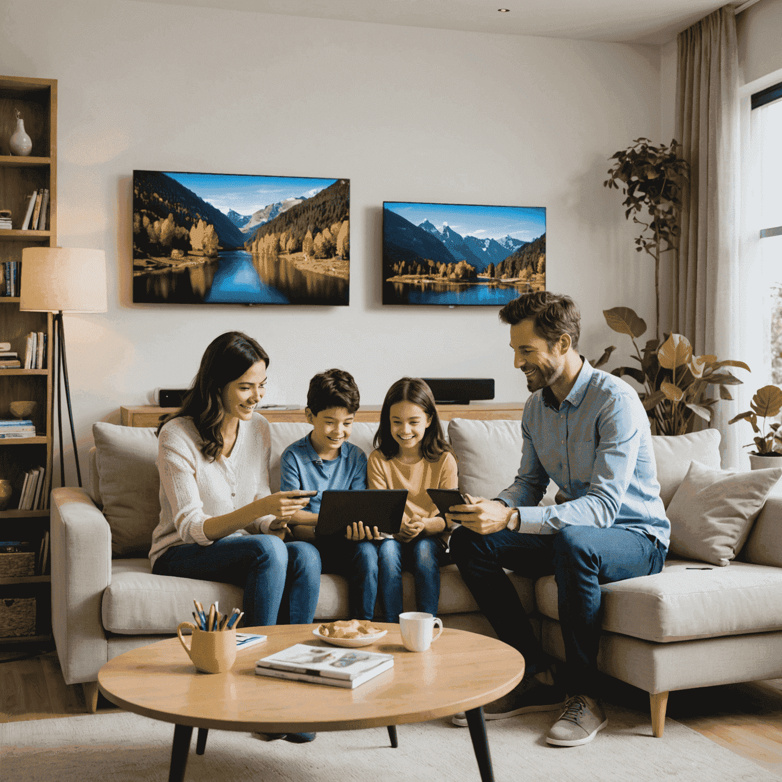 A family enjoying high-speed internet and a wide range of TV channels in their living room