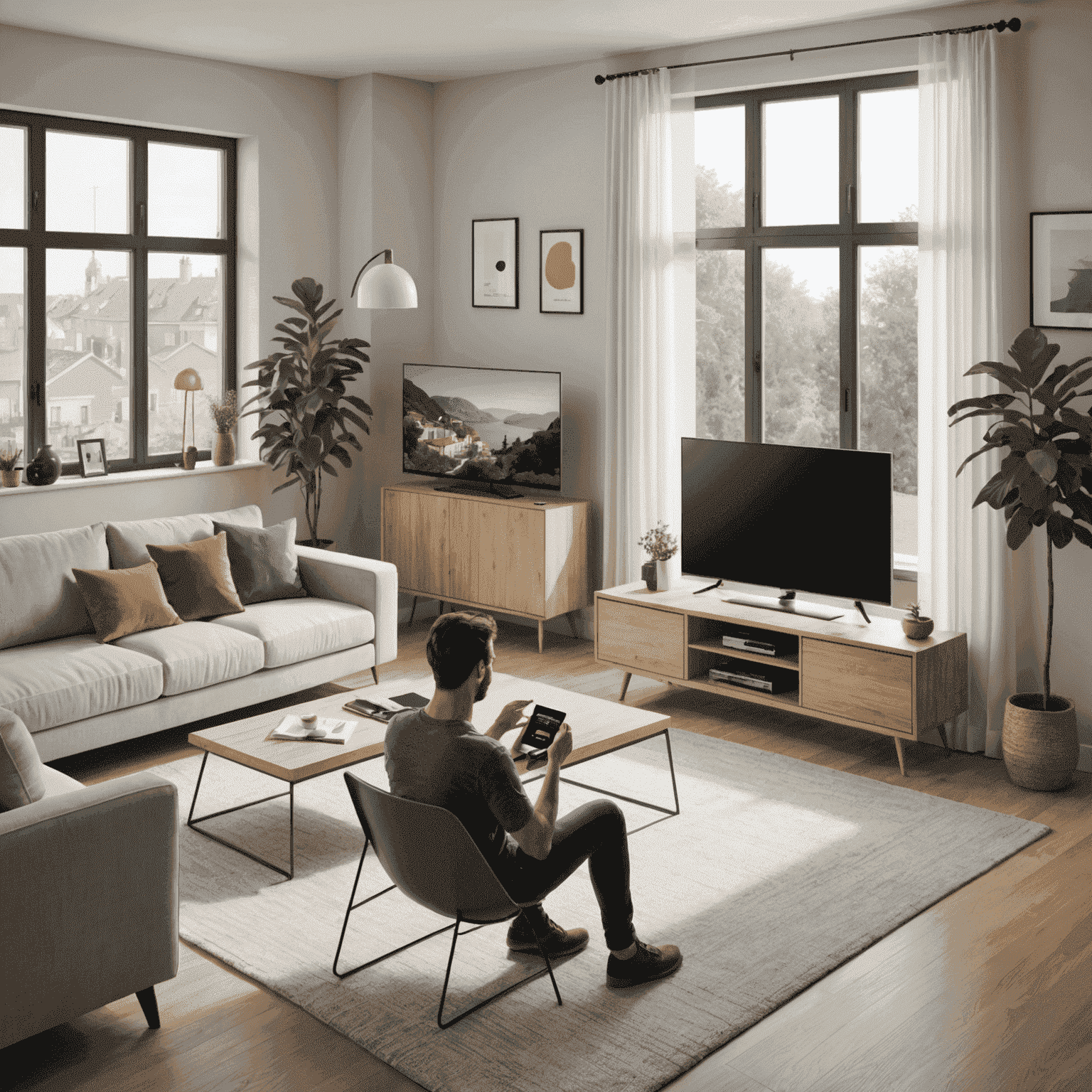 Illustration of a modern living room with a TV, WiFi router, and a person using a smartphone and laptop